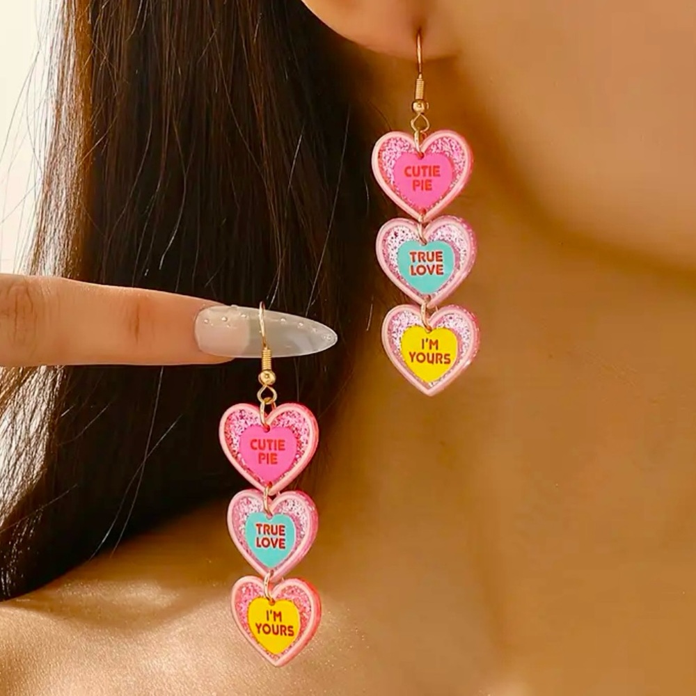 Valentine’s Day Triple Sweethearts Candy Dangle Earrings Girly Pink Fashion